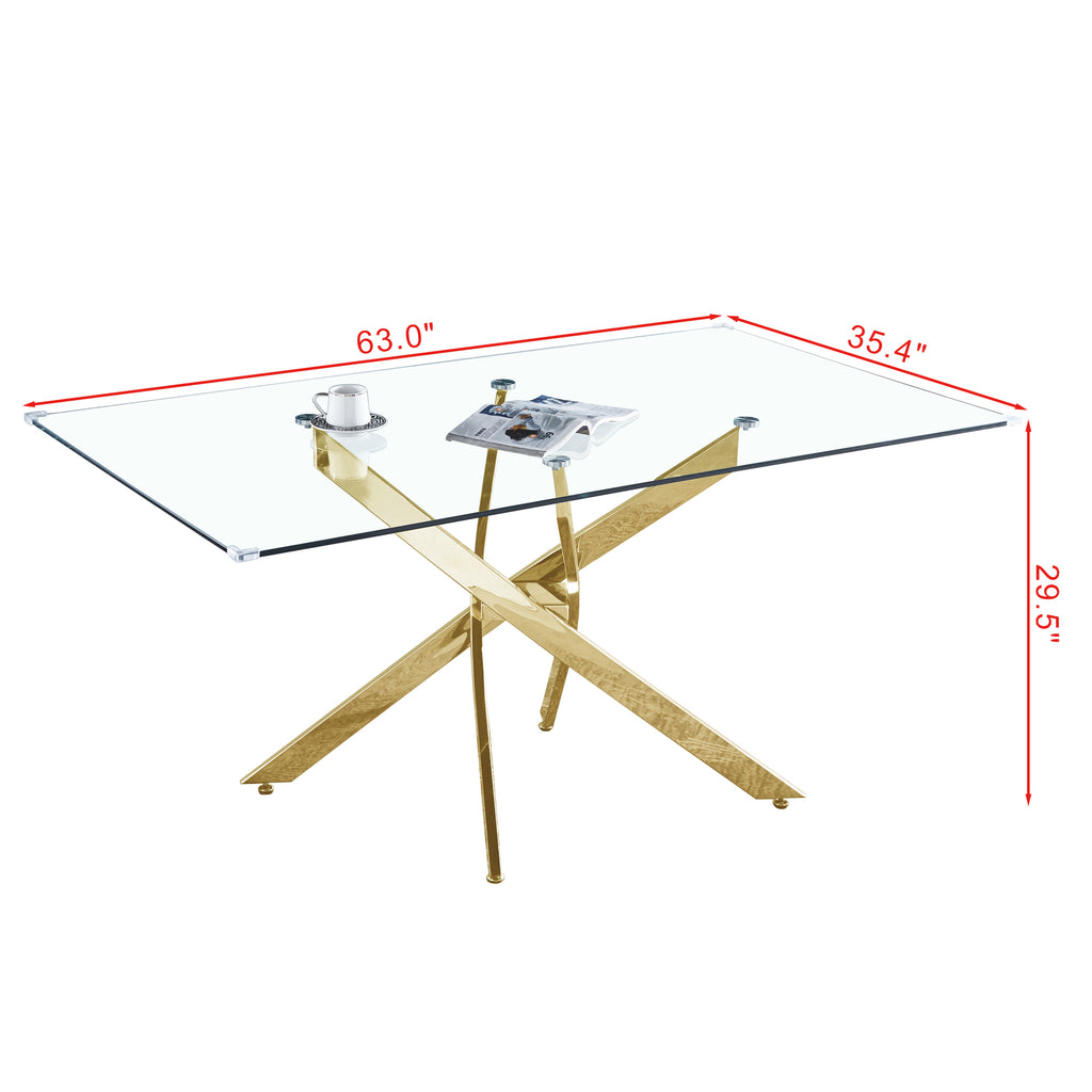 Rectangular tempered glass table 63.0" x 35.4" with gold X base, clear top.