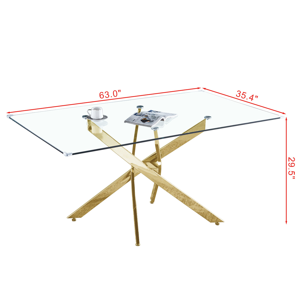 Rectangular tempered glass table 63.0" x 35.4" with gold X base, clear top.