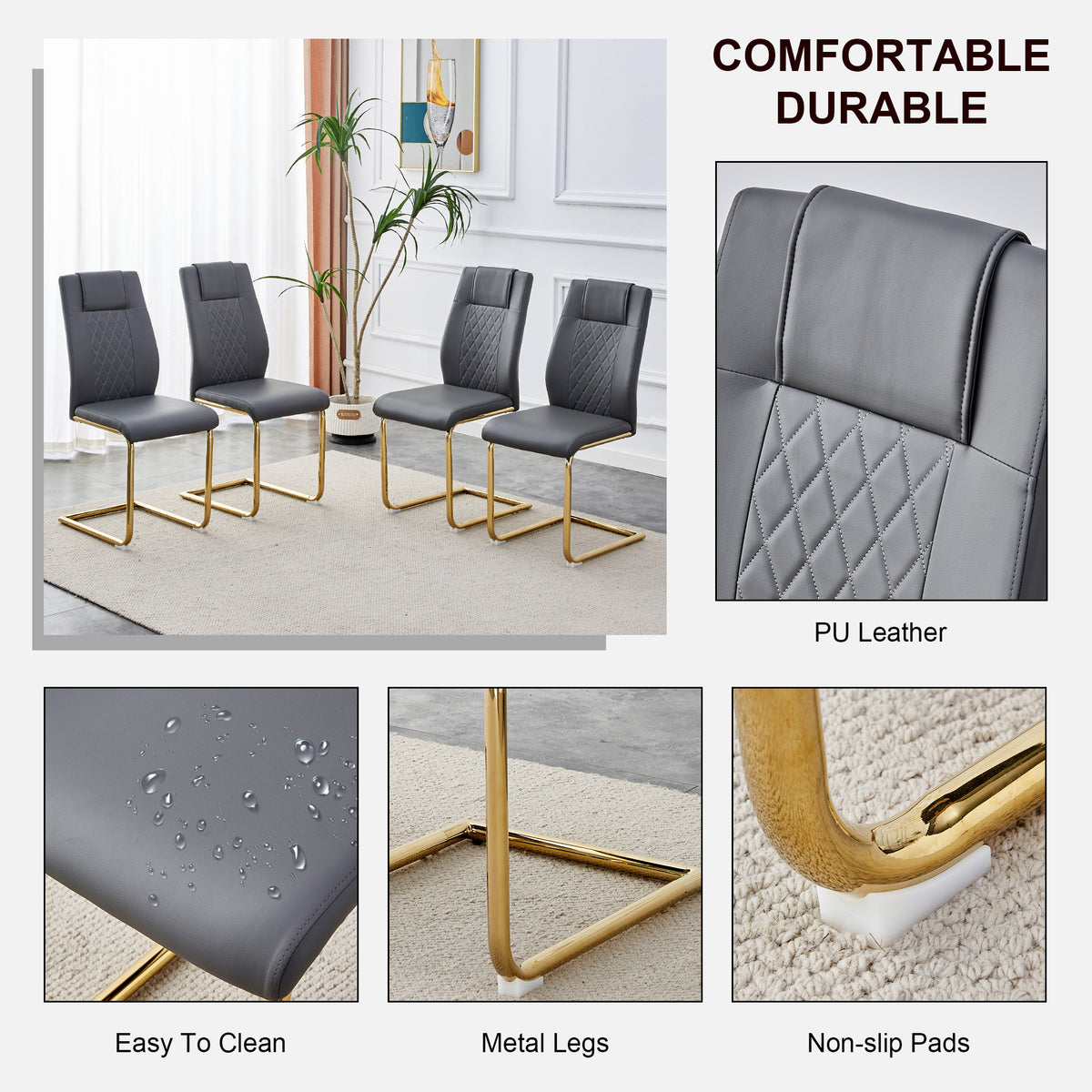 Gray faux leather chair with diamond stitching and gold metal legs, anti-slip pads