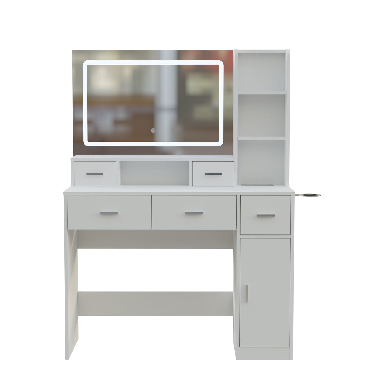 White vanity dressing table with framed mirror, drawers, and open storage shelves