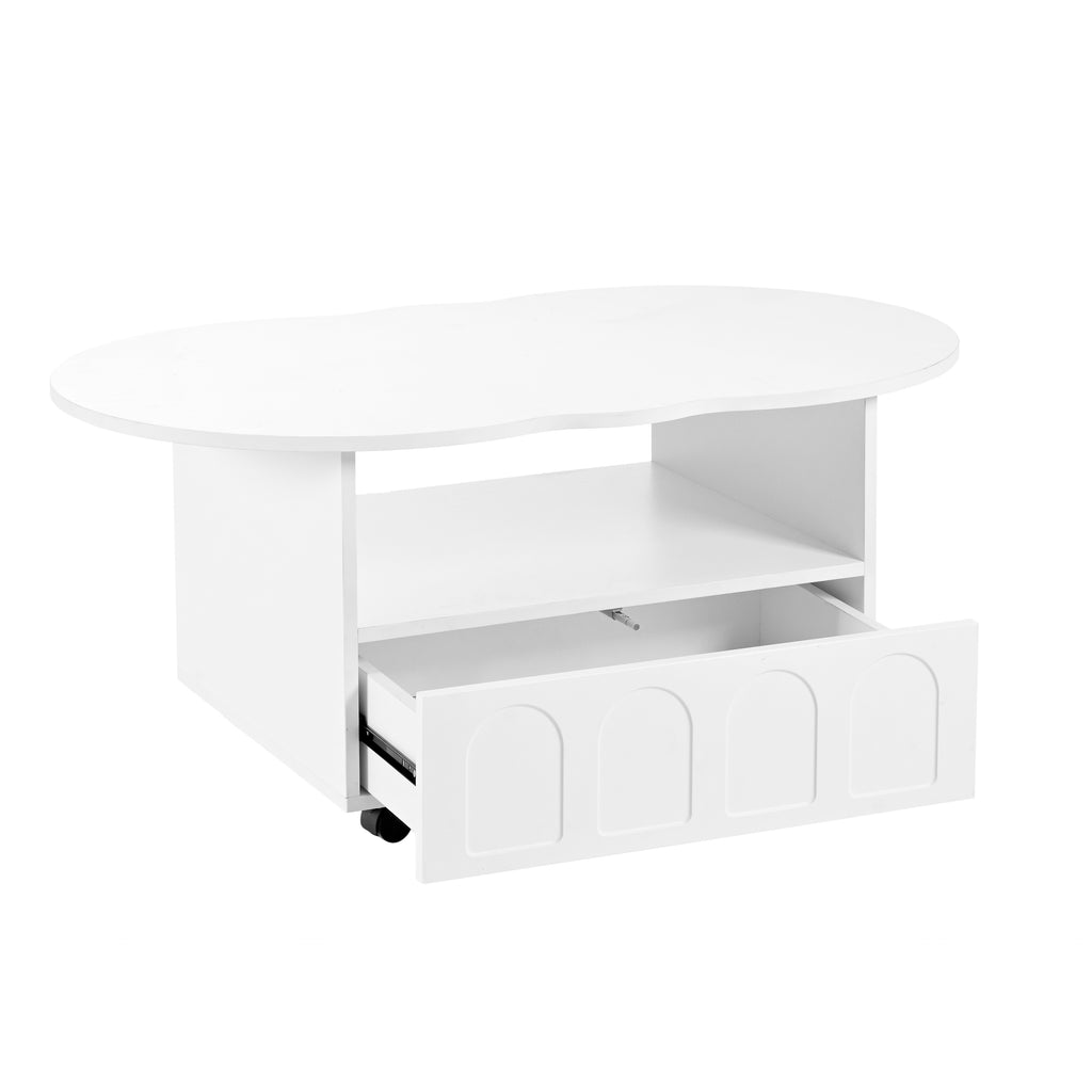 White round coffee table with open shelf and two drawer fronts, on caster wheels