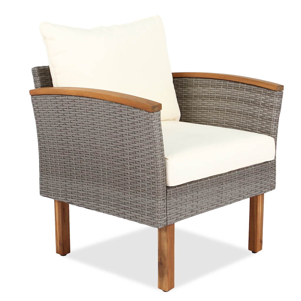 Rattan armchair with beige cushion and dark woven front with wooden legs