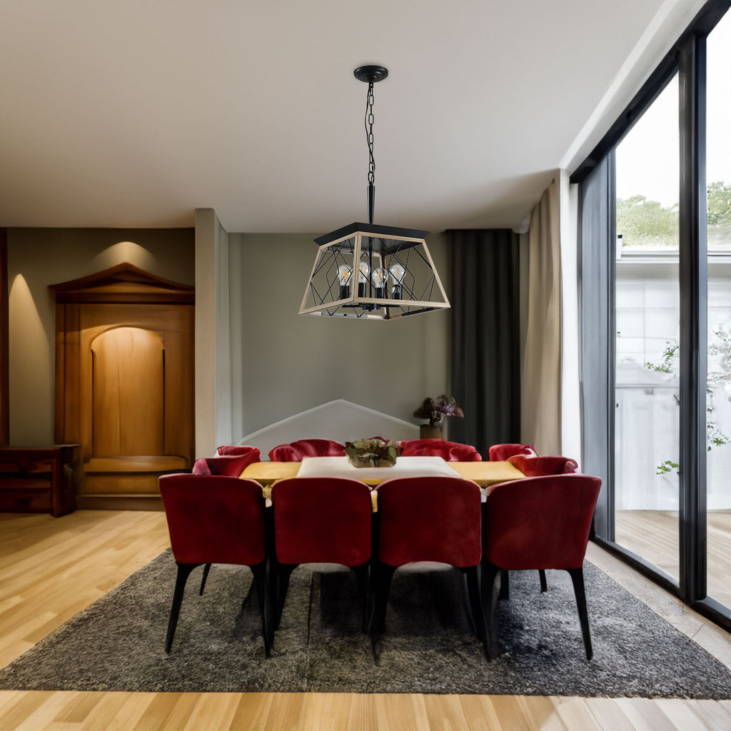 Black 4-light farmhouse chandelier with geometric cage frame, hanging chain downrod.