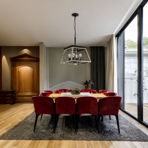Black 4-light farmhouse chandelier with geometric cage frame, hanging chain downrod.