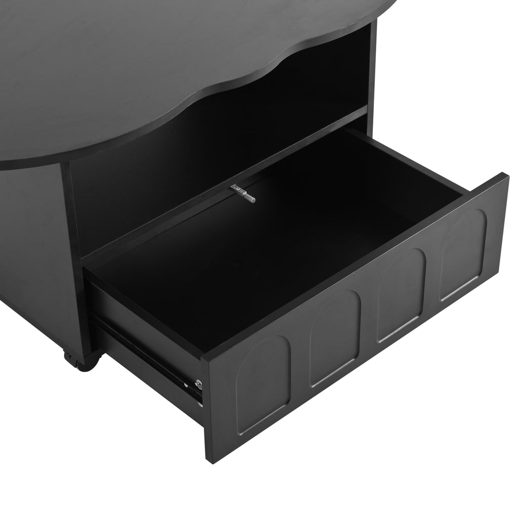 Black coffee table front drawer with panel doors and inner storage compartment view