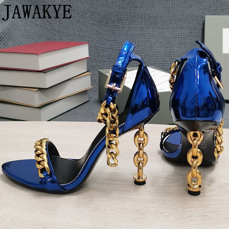 Blue high-heel sandals with gold chain ankle detail and buckle strap
