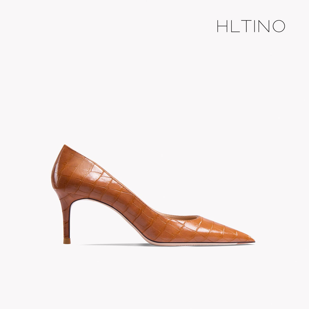 Brown patent leather pointed toe women’s stiletto heel shoe, sleek profile