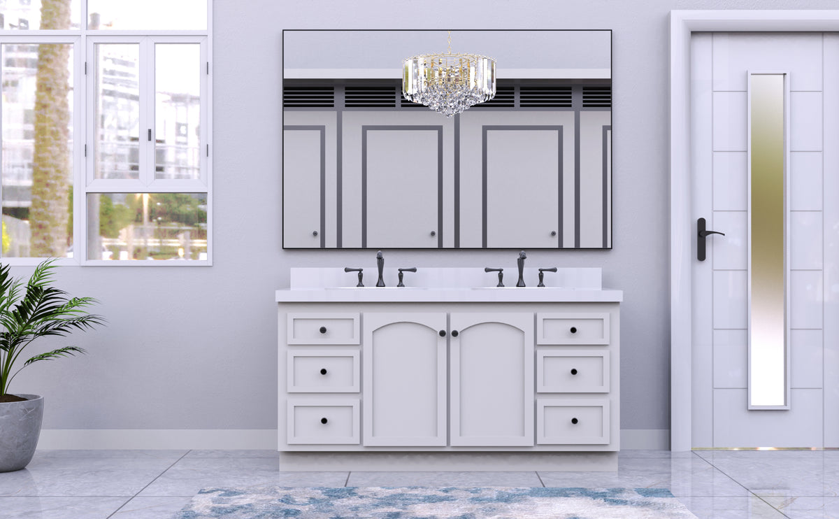 Large wall mirror with black aluminum frame above a vanity, clear glass reflection