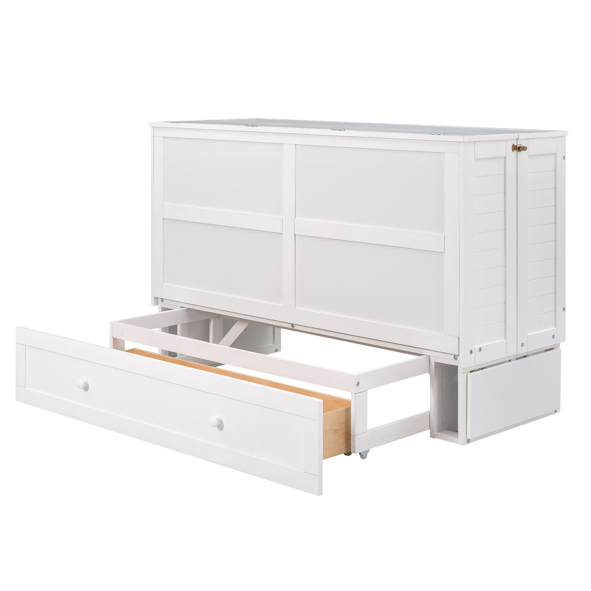 White Murphy bed open with side drawer extended and slat frame visible