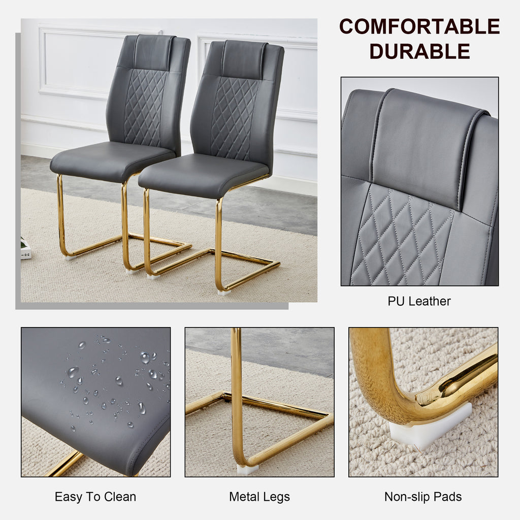 Set of gray faux leather chairs with quilted backrests and gold metal sled legs