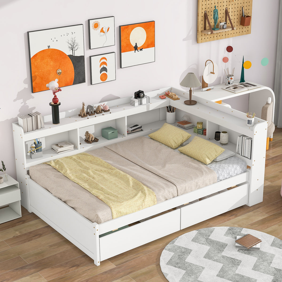White bed frame with L-shaped bookcase shelves and drawers; slatted mattress base