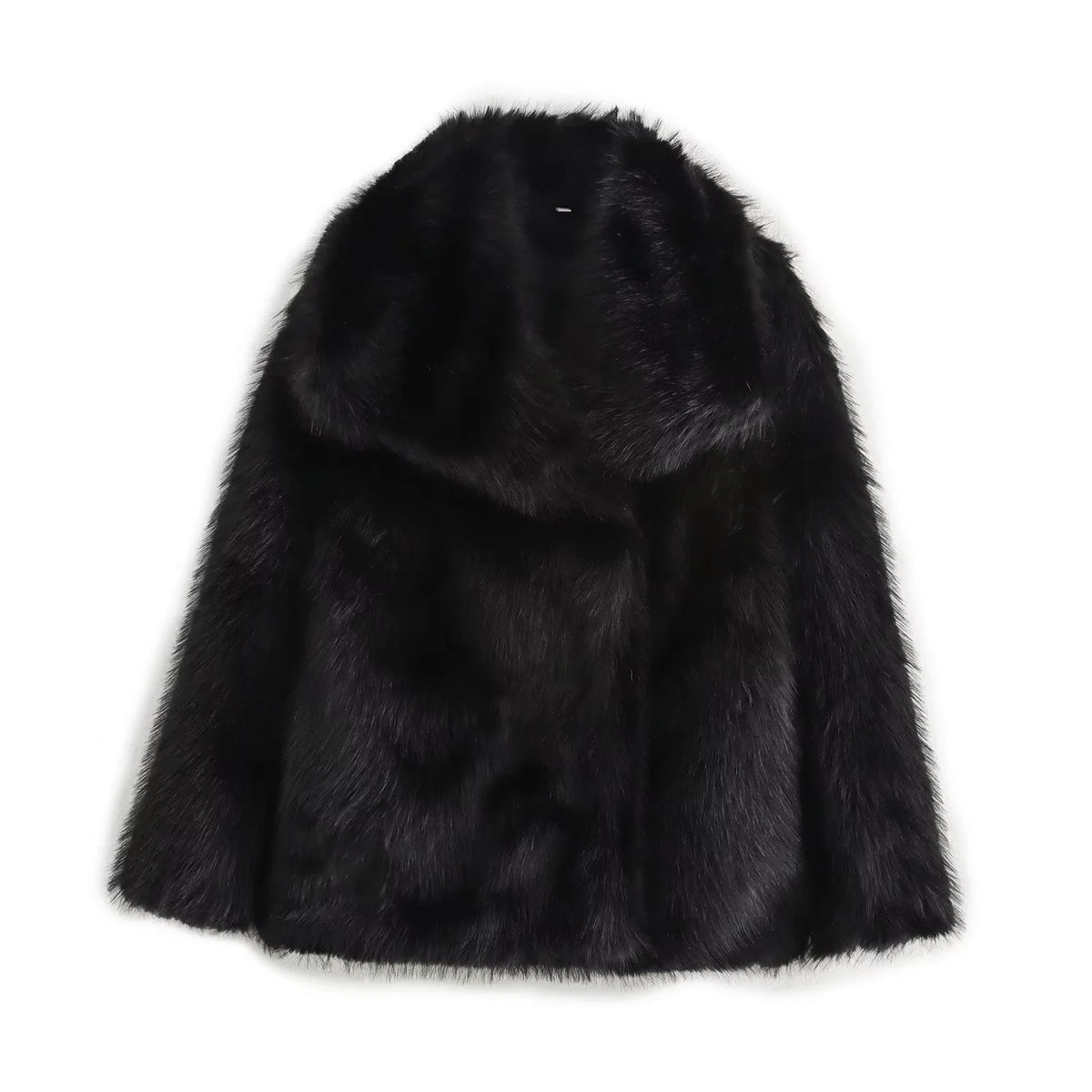 Black faux fur jacket with wide collar, long sleeves, open front