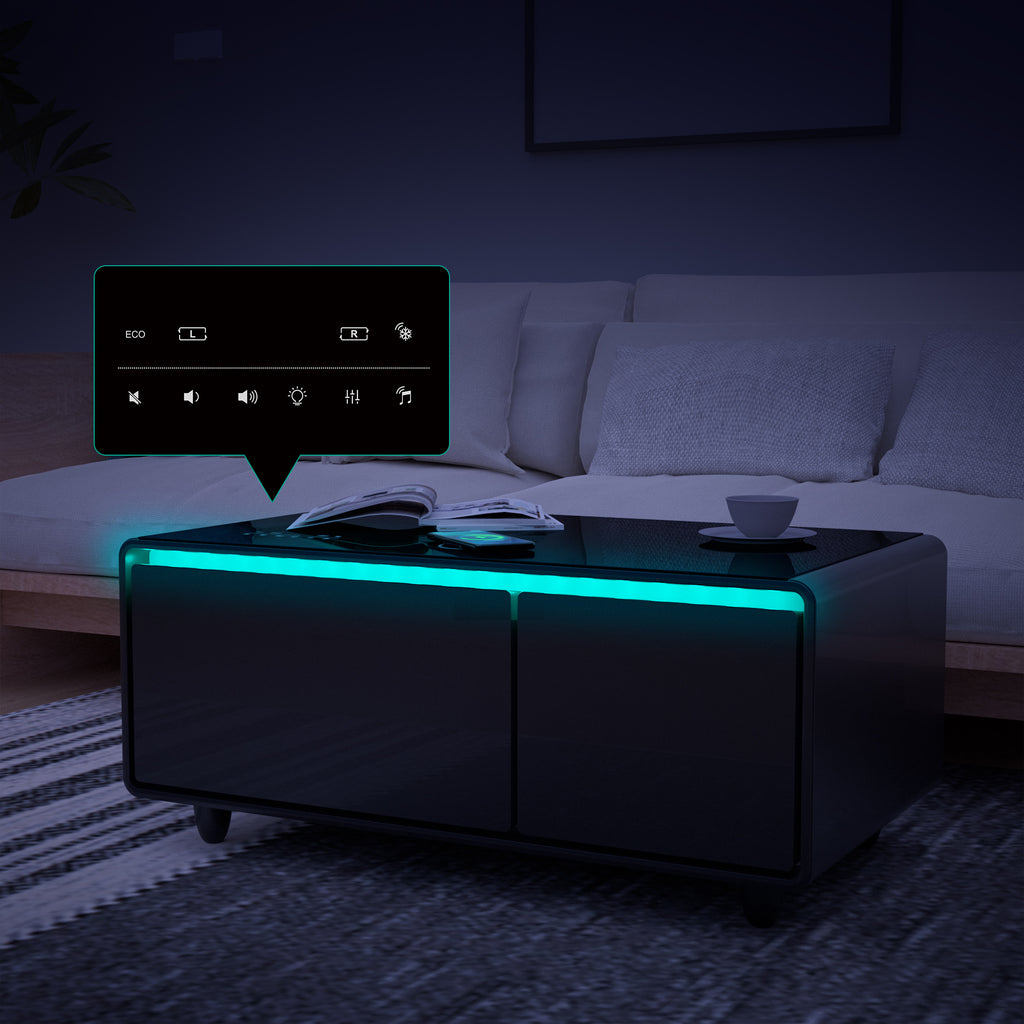 Black smart coffee table with glowing LED accents and top touch control panel