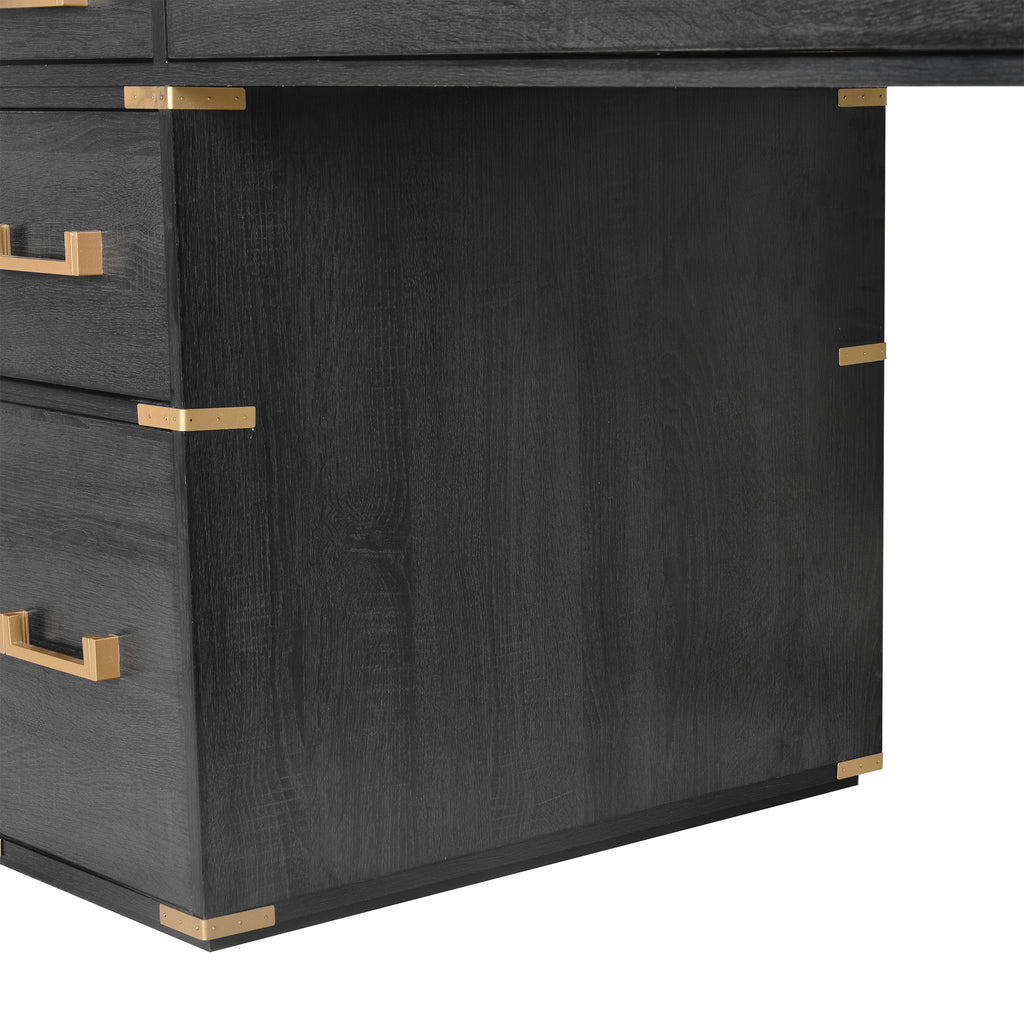 Black desk cabinet side with gold corner caps and open panel