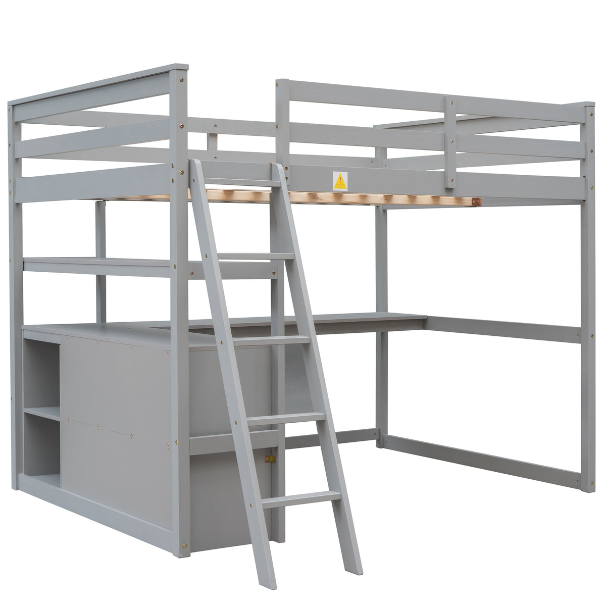 Gray full-size loft bed with desk shelves, ladder access, and guard rails