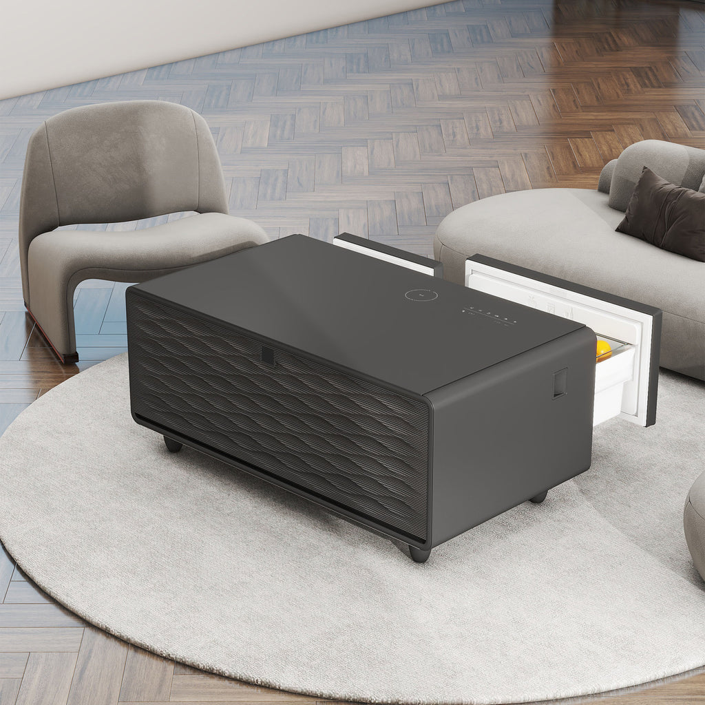 Black smart coffee table with textured side panels and built-in touch control on top