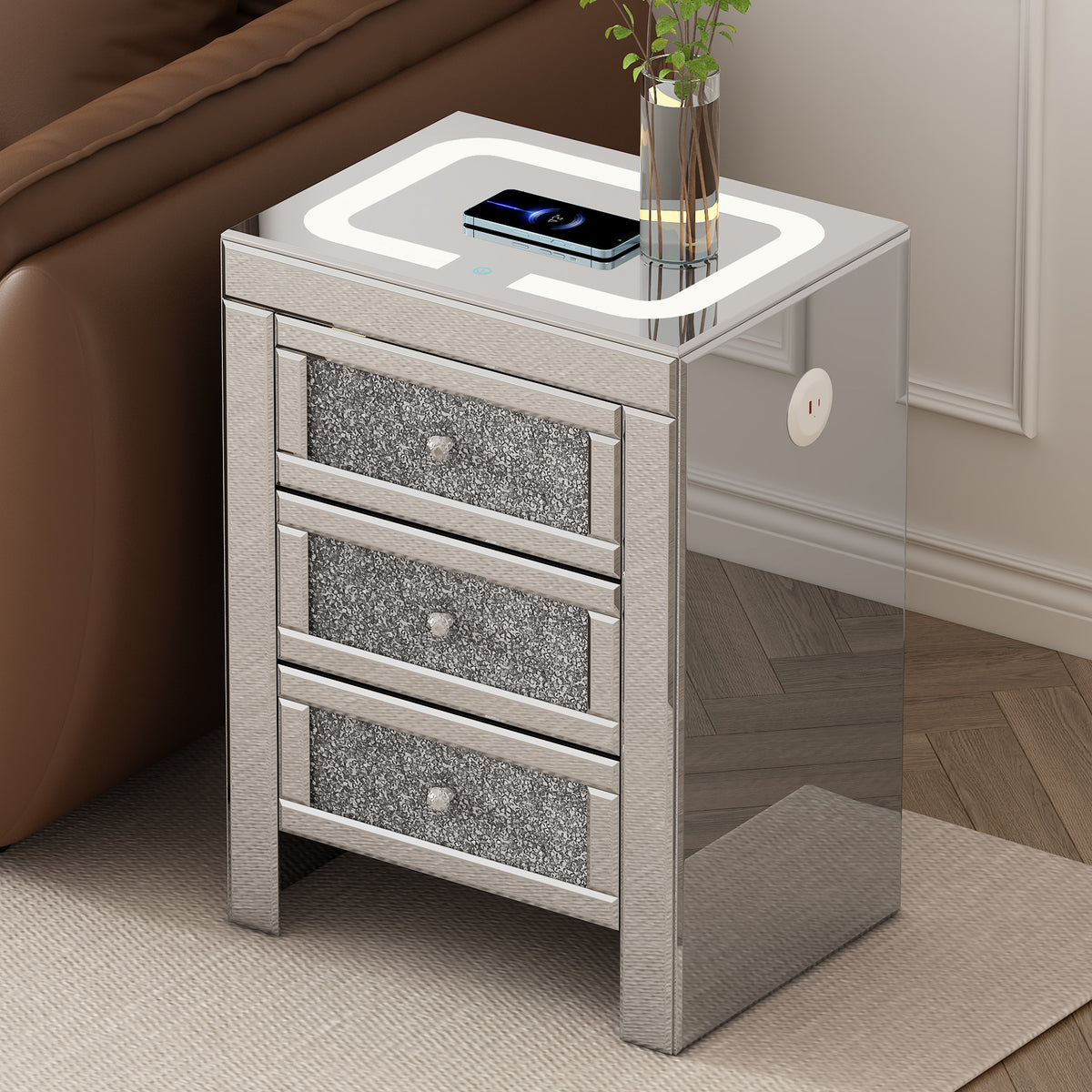 Silver mirror-style coffee table with glitter drawers and charging panel on top