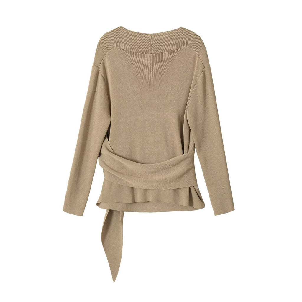 Khaki V-neck long-sleeve knit sweater with wrap waist tie, back view