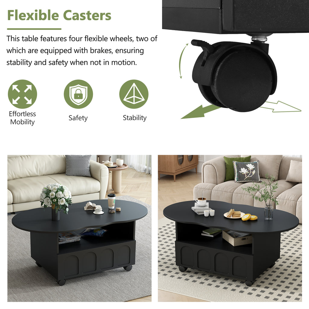 Black coffee table with storage drawers and rounded panel fronts, on casters