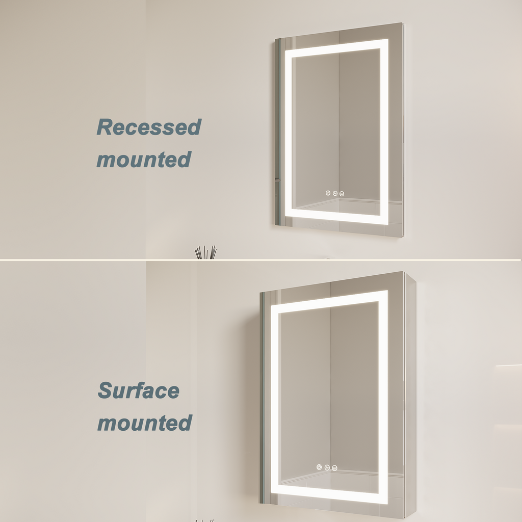 LED bathroom medicine cabinet showing recessed and surface-mount frame options, single door