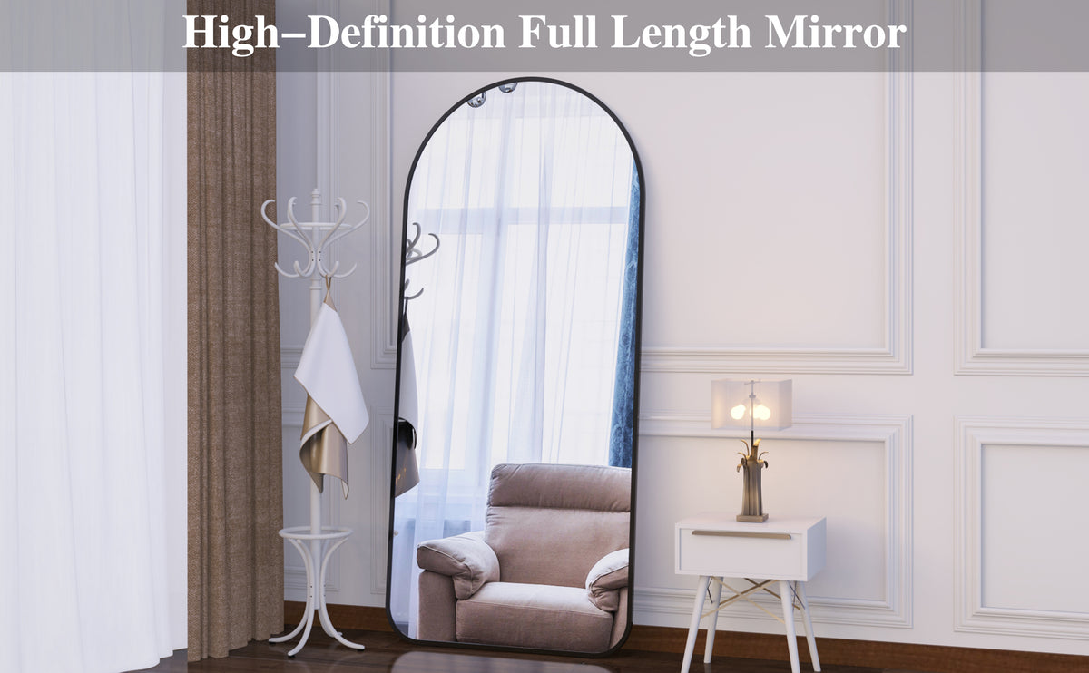 High-definition full length arched mirror with black frame and reflective surface.