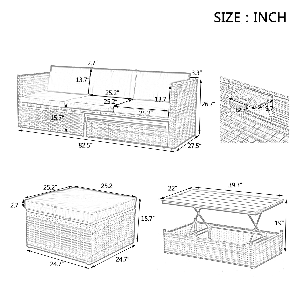 Wicker patio furniture set size chart with labeled dimensions in inches