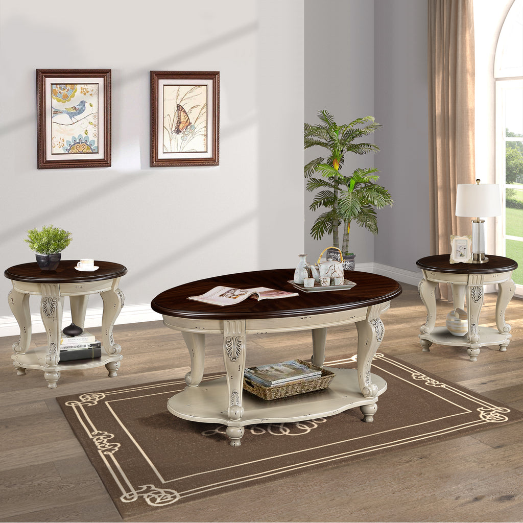 Antique white oval coffee table with dark wood top and open lower shelf