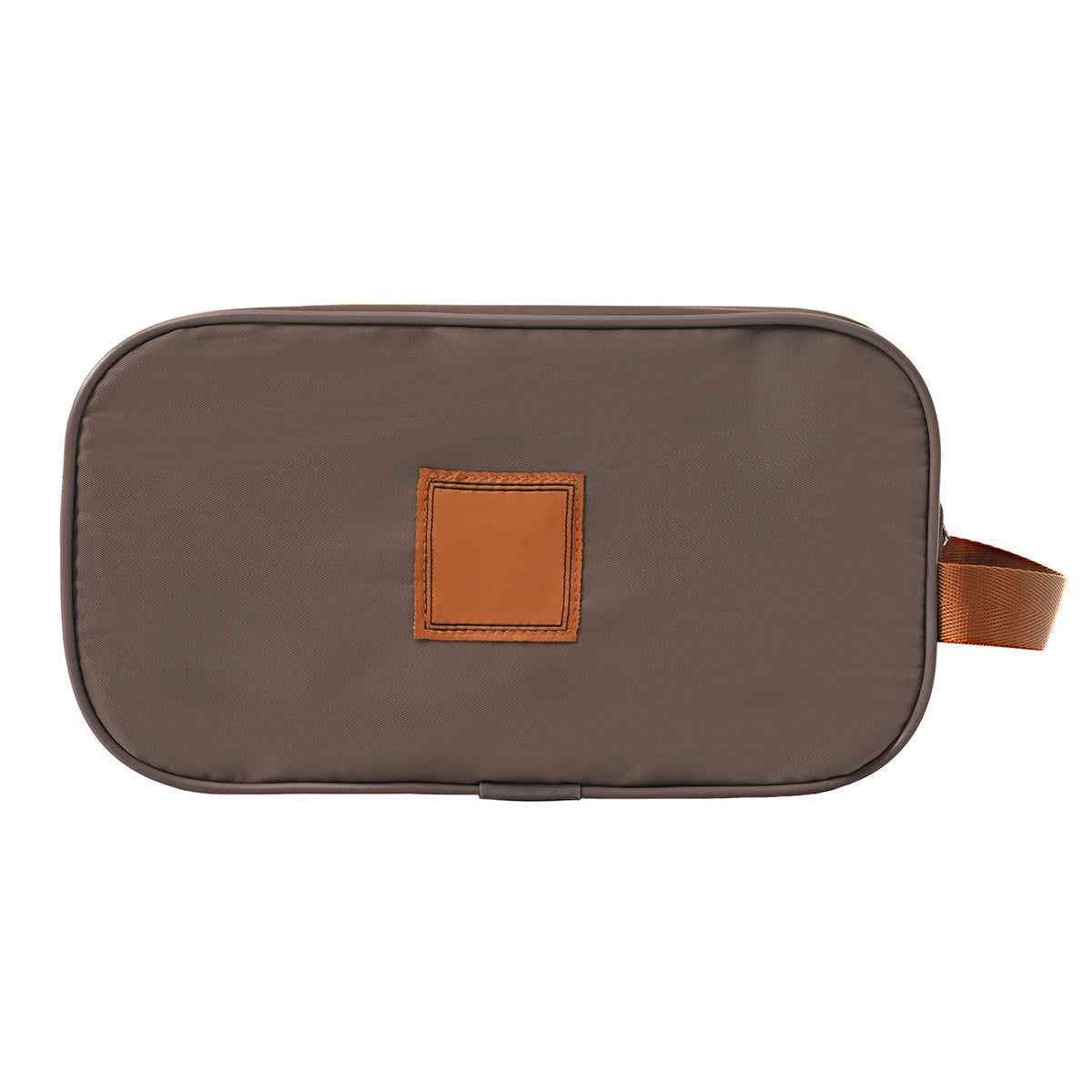 Gray duffel pouch with brown fabric trim, small square front patch, side strap