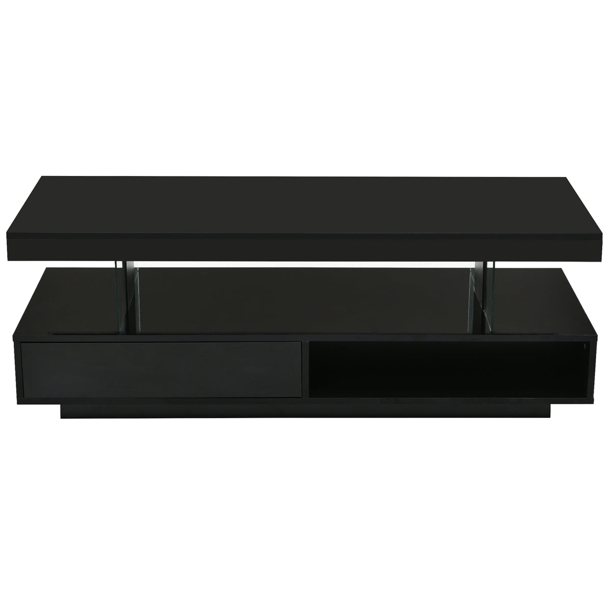 Black coffee table with two drawers and central open storage compartment, flat top.