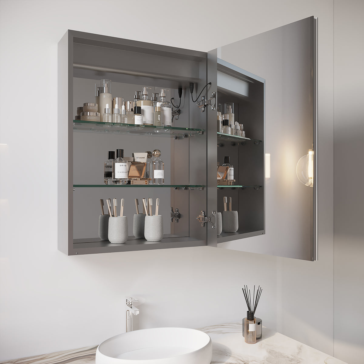 LED mirror medicine cabinet door open to reveal interior shelves and storage