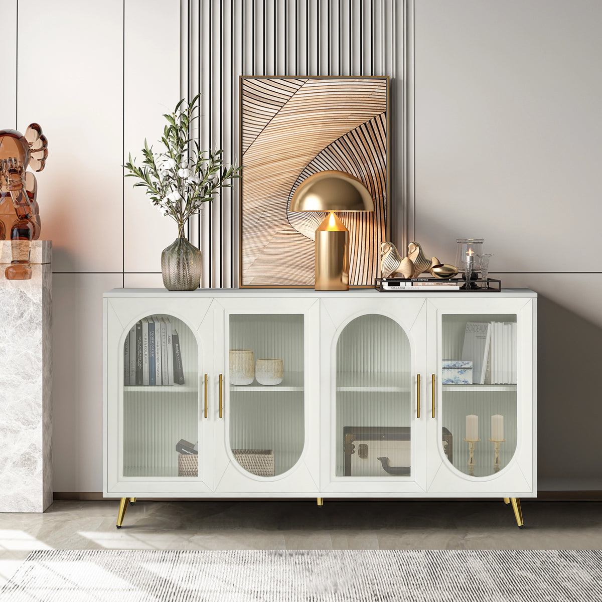 Antique white media console with 4 glass doors and arched cutouts, gold hardware