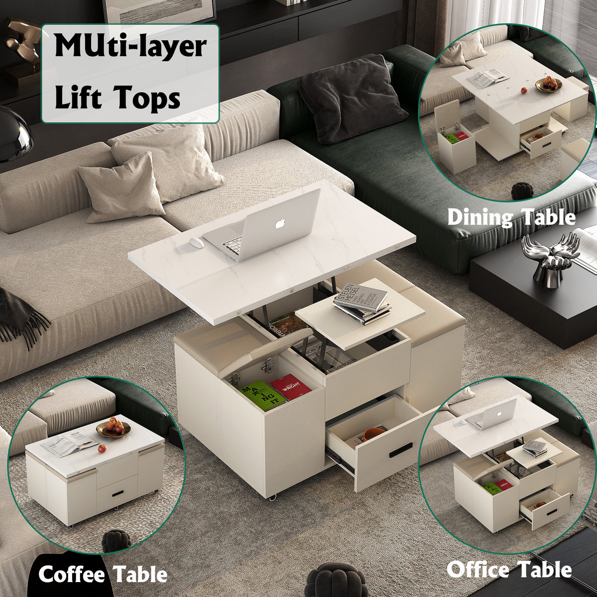 White lift-top coffee table with multi-level storage compartments and two drawers
