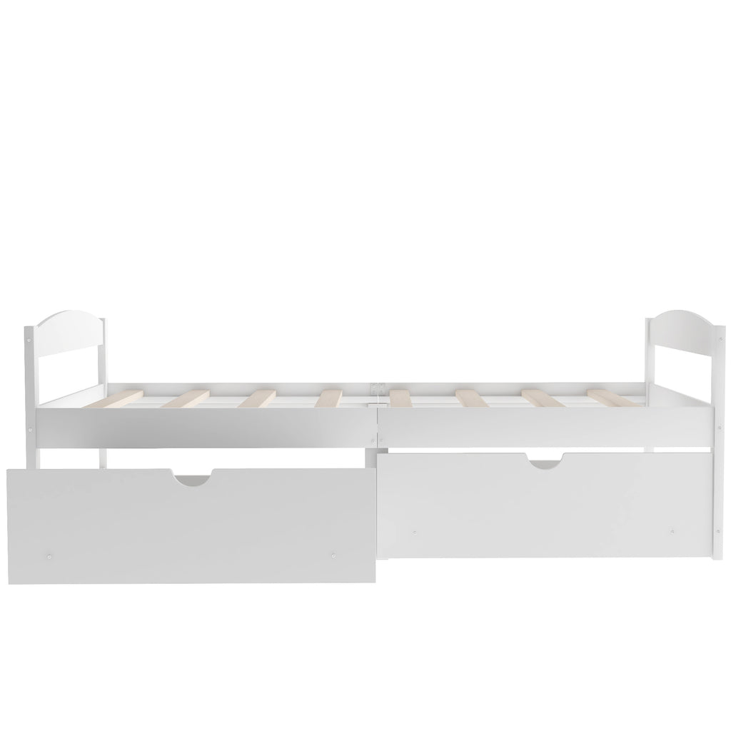 White twin platform bed showing two under-drawers with curved drawer pulls
