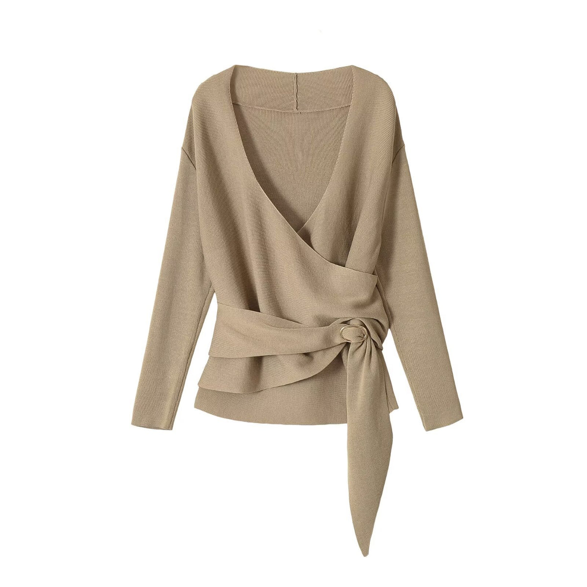 Khaki V-neck long-sleeve knit sweater with wrap waist tie, front view