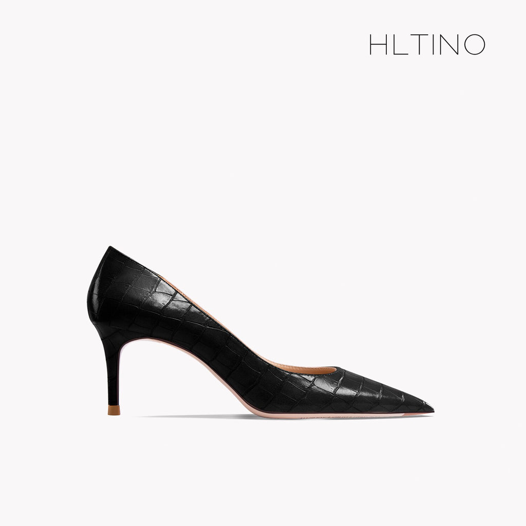 Black patent leather pointed-toe stiletto pump, three-quarter side view, thin high heel
