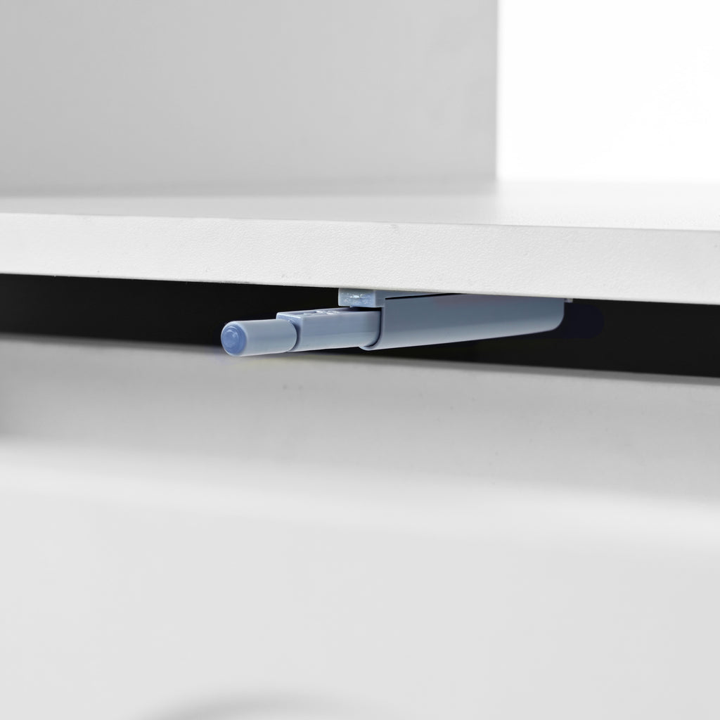 Close-up of blue-tinted caster and under-drawer support bar on a white table