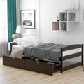 Twin platform bed with two drawers, espresso frame, slatted platform and matching rails