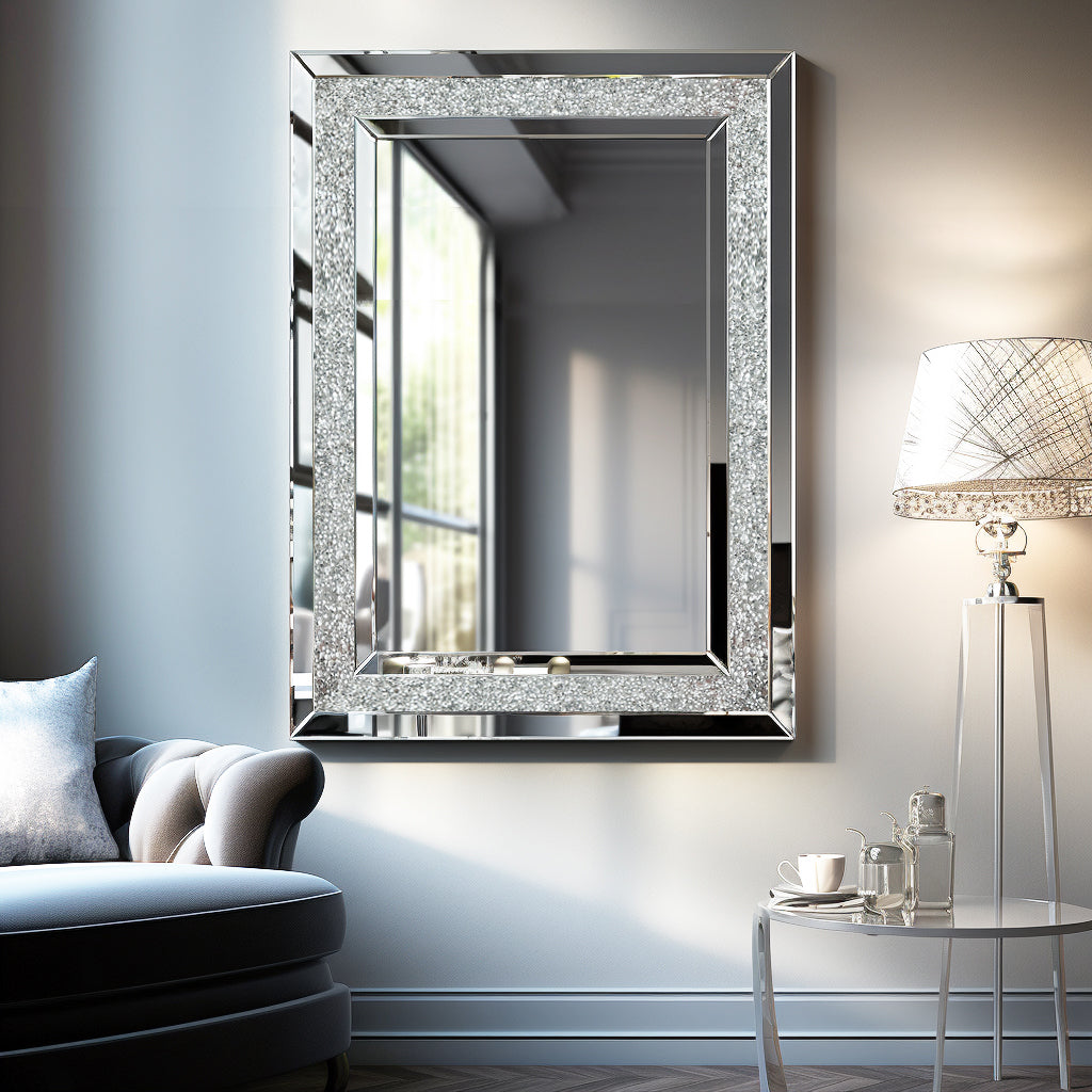 Silver rectangular wall mirror with glitter-textured frame and inner border