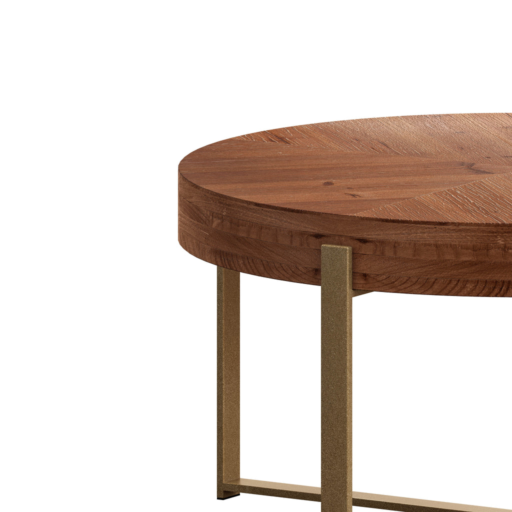 Round fir wood coffee table with gold-toned metal legs and curved wooden edge
