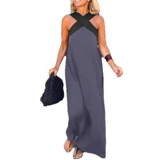 Charcoal cross-strap maxi dress, sleeveless with crisscross back straps and V neckline
