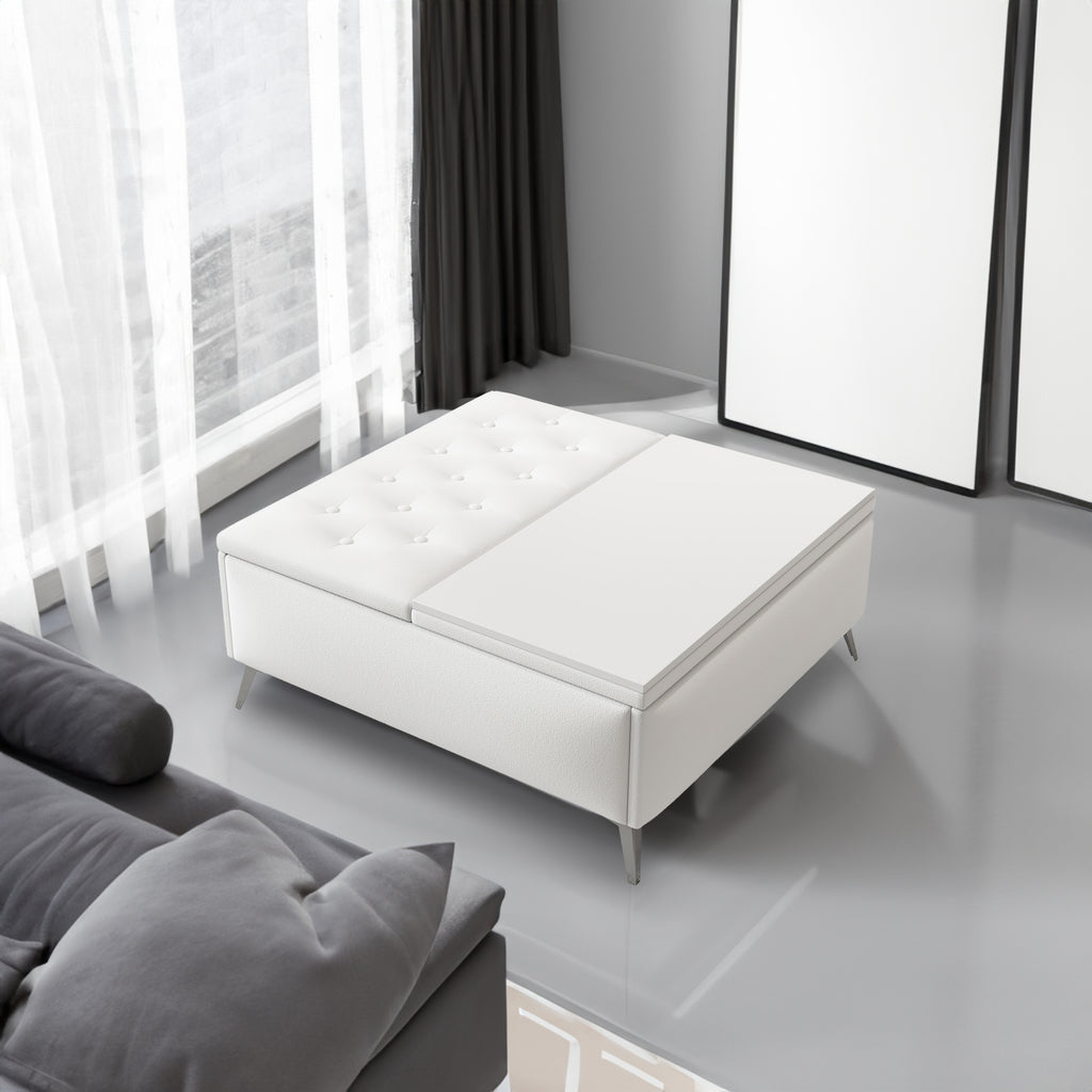 White lift-top storage bench ottoman with tufted cushion and hinged lid