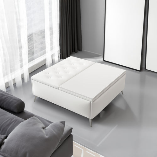 White lift-top storage bench ottoman with tufted cushion and hinged lid