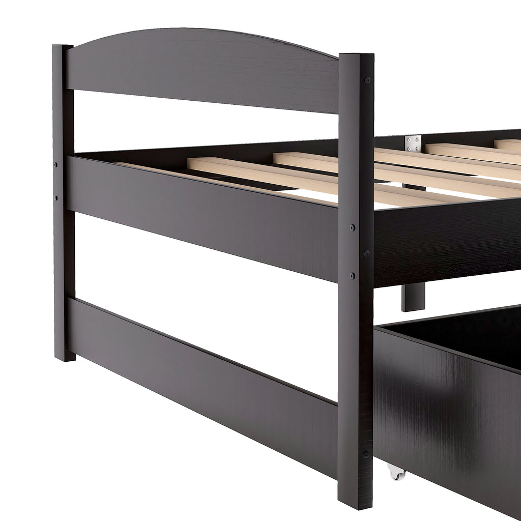 Espresso twin platform bed side detail showing slats and under-bed drawer