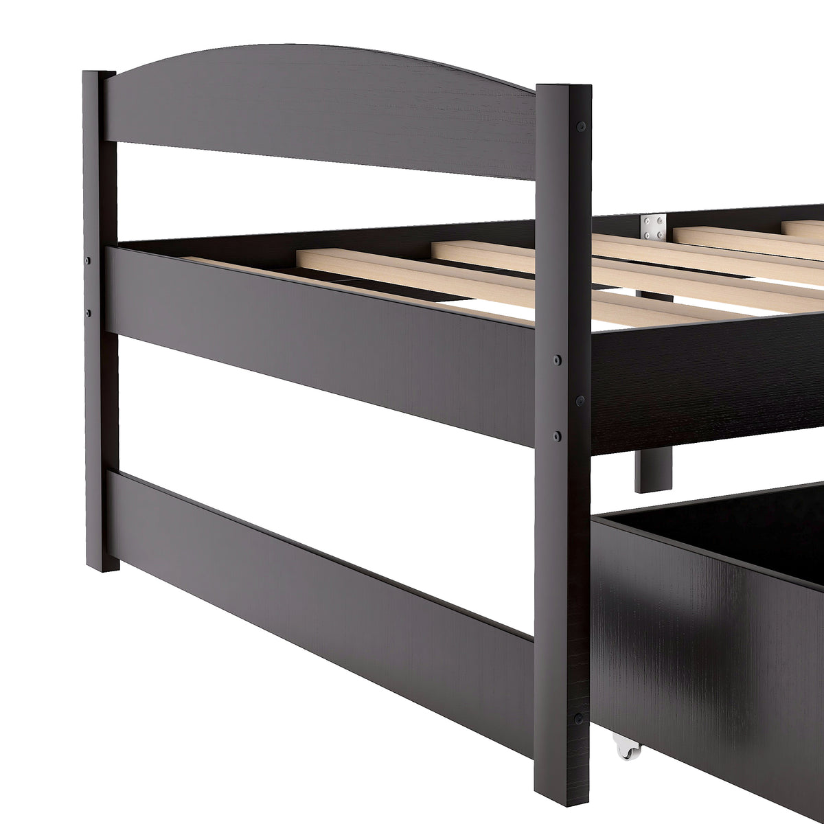 Espresso twin platform bed side detail showing slats and under-bed drawer