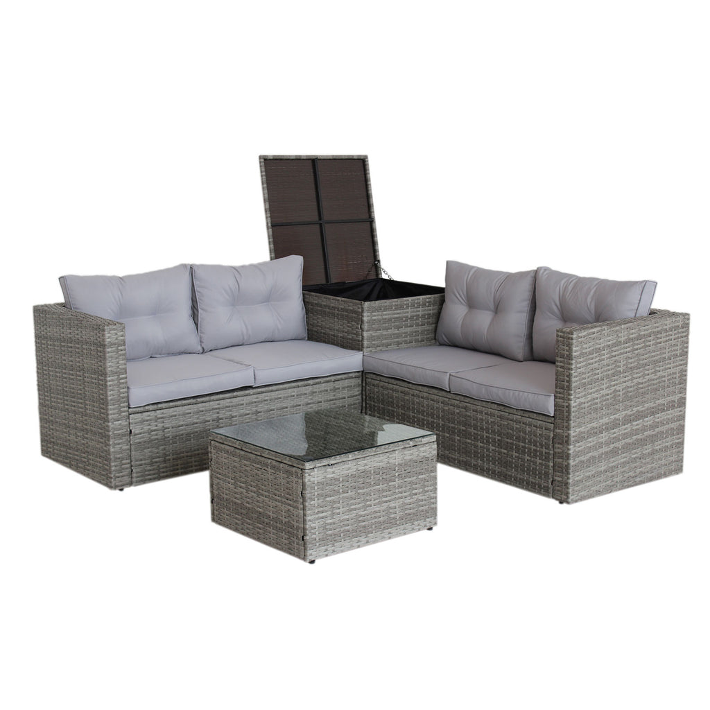 Grey wicker patio sectional sofa set with light cushions and matching glass-top coffee table