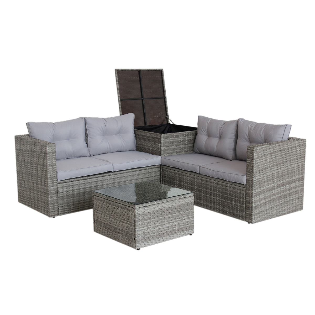 Grey wicker patio sectional sofa set with light cushions and matching glass-top coffee table