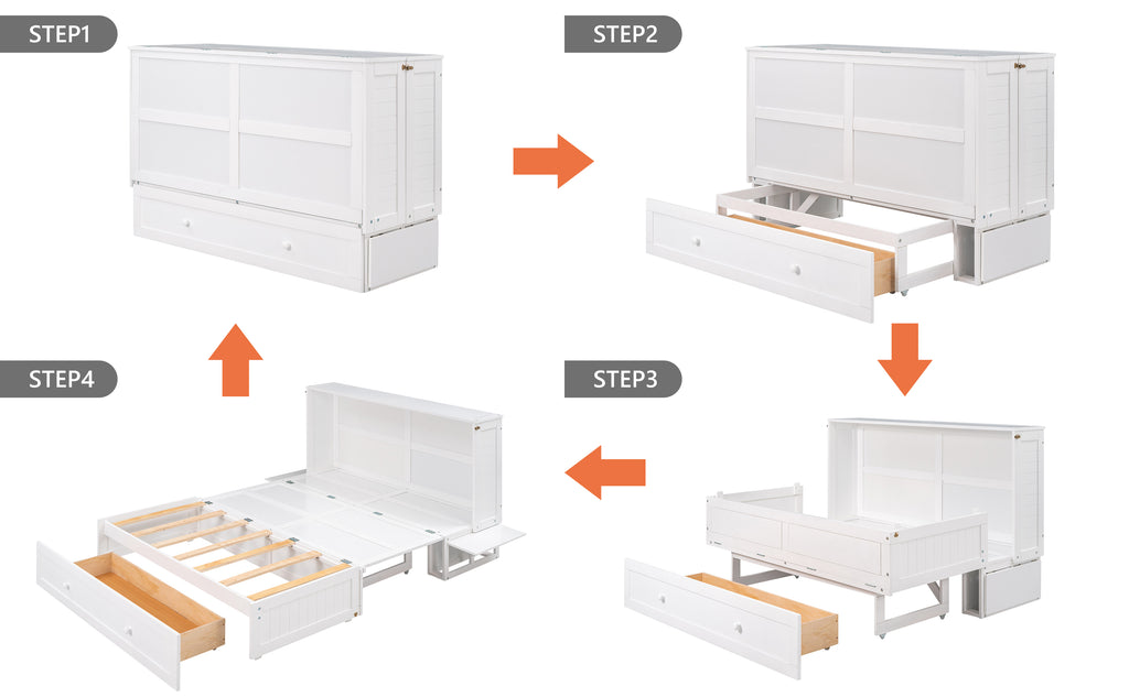 White Murphy bed installation steps showing cabinet opening and slat frame release