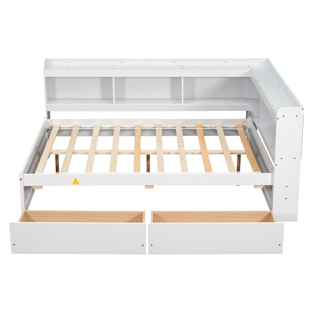 White full bed frame interior showing wooden slats and two pull-out drawer bins