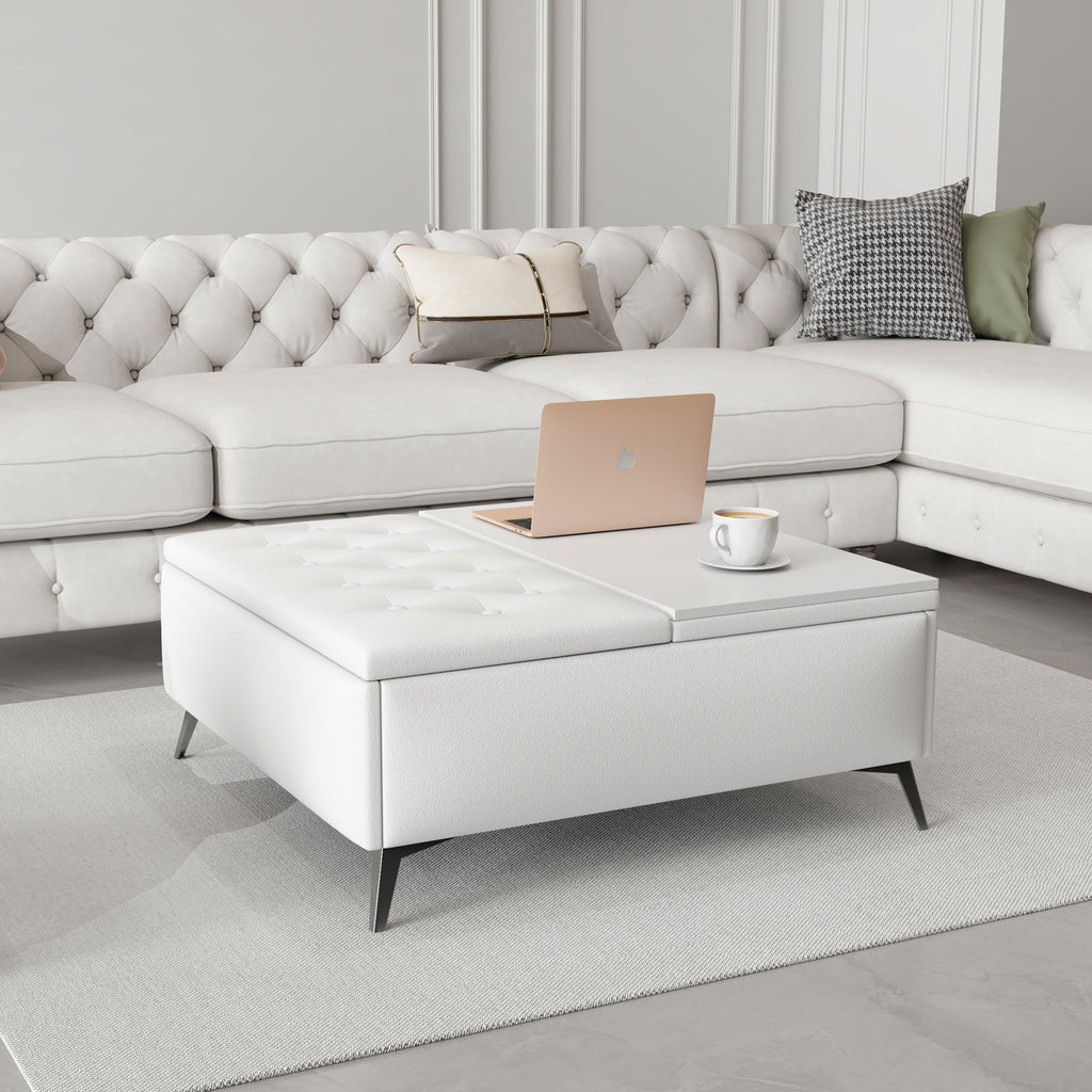 White lift-top storage ottoman with tufted lid, wooden desktop, and side view