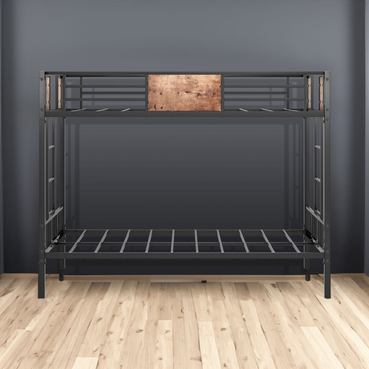 Black metal twin-over-twin bunk bed frame with slatted base and side guard rails